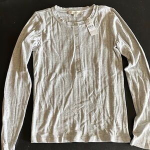 LOFT Gray Ribbed Henley Long Sleeve Top